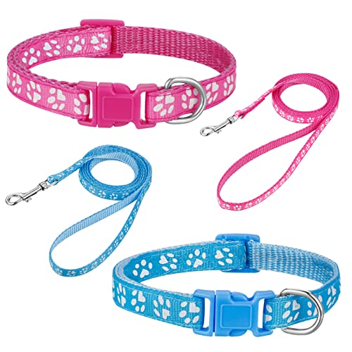 BOUMUSOE 2 Packungen Hundehalsband und Leine, Set für Welpen, Halsband und Leine, Schnellverschluss-Schnalle, verstellbar, Pfotenabdruck, Welpenhalsband, weiches Nylon, kleine, mittelgroße Hunde von BOUMUSOE