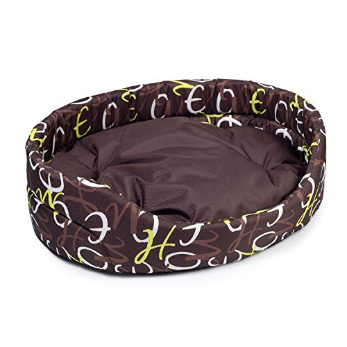 BOUTIQUE ZOO Hundebett | Oval Hundekissen für Hunde oder Katzen | Kratzfest Hundeliege mit Kissen | Hundekorb | Waschbar Polyester (S: 46 x 40 cm, Braun mit Muster) von BOUTIQUE ZOO