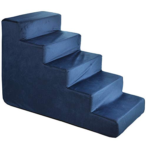 Hundetreppe 50 cm hoch | Katzentreppe Haustiertreppe | 5 Stufen | Hunde Katzen Haustier | für Bett und Auto | Trepp für kleine Hund | Samtstoff | Farbe: Velvet: Dunkelblau von BOUTIQUE ZOO