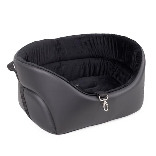 Hunde Autositz Universal Waschbar Abriebfest, Autositz Hund für Vordersitz, Beifahrersitz, Rückbank, Hundebett Hundetasche, L: 56 cm x 48 cm, Schwarz - Kunstleder: Pelzstoff von BOUTIQUE ZOO