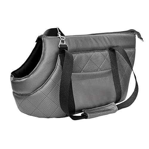 Transporttasche für Hunde und Katzen | Schultertasche für Haustiere mit Gummiband mit Karabiner | bis 12 kg | Material: Kunstleder | Größe: L | Farbe: Grau Metallic von BOUTIQUE ZOO