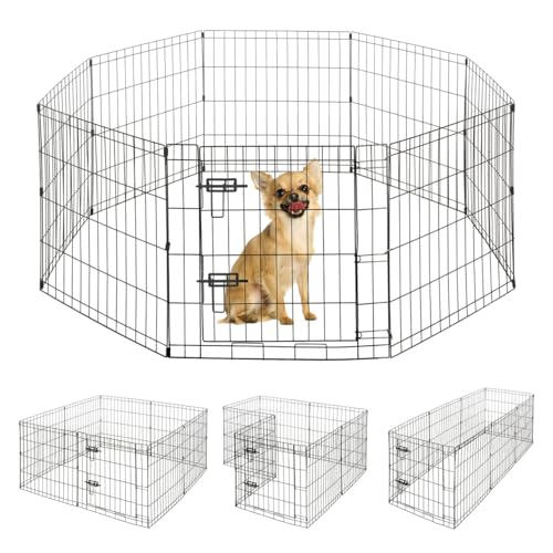 BOWHAUS Faltbarer Laufstall für drinnen und draußen, mit Tor, erhältlich in 61 cm Höhe, Metall, tragbarer Zwinger, robuster Übungszaunkäfig, 8 Paneele, für kleine Hunde, Tiere von BOWHAUS