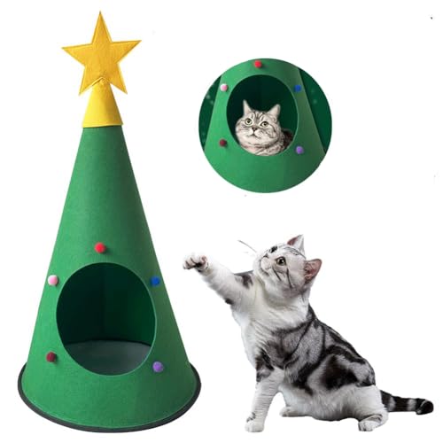 Haustier Weihnachtsbaum Katzenbetten Haus, Katzenzelt Haus Selbstwärmend, Niedliche Haustierhöhle Betten, Abnehmbar Bequem Dreieck Haustier Winter Schlafsack für Kleintiere von BOWTONG