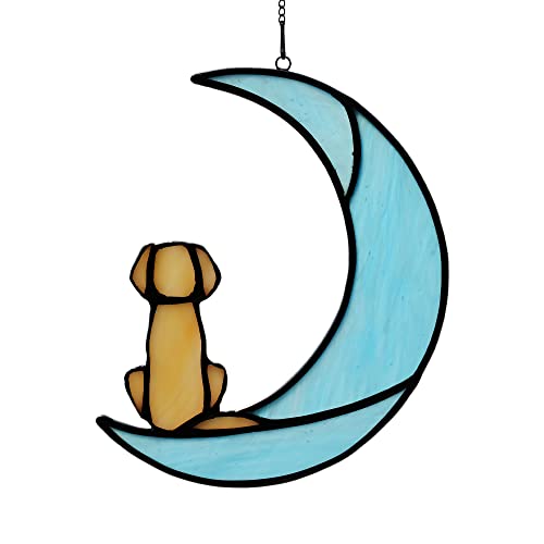 BOXCASA Gedenkgeschenk für Hunde auf Mond, Buntglas-Fenster zum Aufhängen als Sonnenfänger-Dekoration, gelber Hund, Trauergeschenk für Hundeliebhaber, Trauergeschenk, Haustier-Gedenkgeschenk von BOXCASA