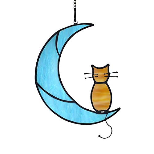 BOXCASA Orangefarbene Katzen-Dekoration, Sonnenfänger, Katze auf Mond, Buntglas, Katzen-Ornament für Katzenliebhaber, Geschenke, geeignet als Geschenk mit Katzenmotiv für Katzen, Heimdekoration von BOXCASA