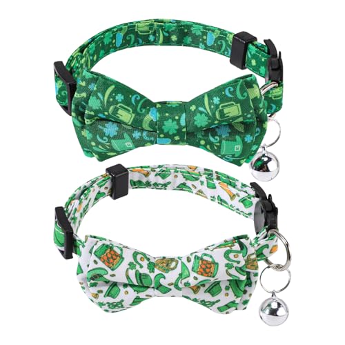 2stk Katzenhalsband zum St. Patrick’s Day, Verstellbar Feiertags-Katzenhalsbänder mit Fliege und Glöckchen Kleeblatt Hut Glücks-Haustierhalsband für Rüden Hündinnen Kätzchen Hunde von BOXOB