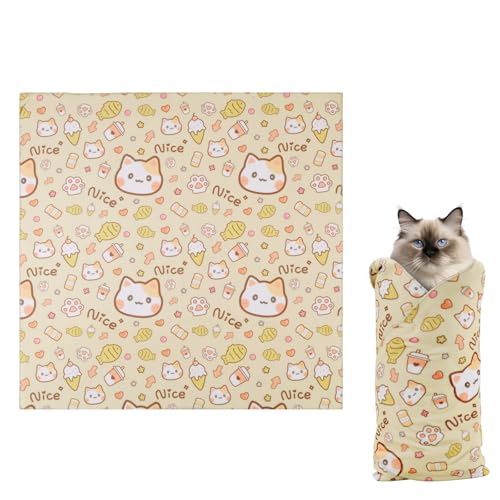 BOXOB Katzenpflegetuch, 55x55 cm Selbsthaftendes Katzen-Fesseltuch zum Krallenschneiden Weiches Katzenwickeltuch Süße Katzen-Burrito-Decke zum Beruhigen und Festhalten (Orangefarbenes Katzen-Stil) von BOXOB