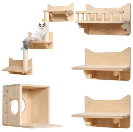 BOYVEN Katzen Wandregale, Katzenwandmöbel Set, Katzenregale und Sitzstangen für Wand, Kletterregal Spielplatz, Katzenkratzbaum mit 3 Stufen Wandregal Innen Wandmontage Cat Condos Haus von BOYVEN