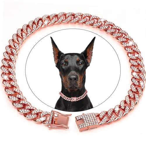 BOZILY Hundehalsband, kubanisches Diamant-Halsband, Metallkette, mit sicherer Schnalle, Haustier-Hundehalsband, Schmuckzubehör für kleine, mittelgroße und große Hunde, Katzen (55,9 cm, Roségold) von BOZILY