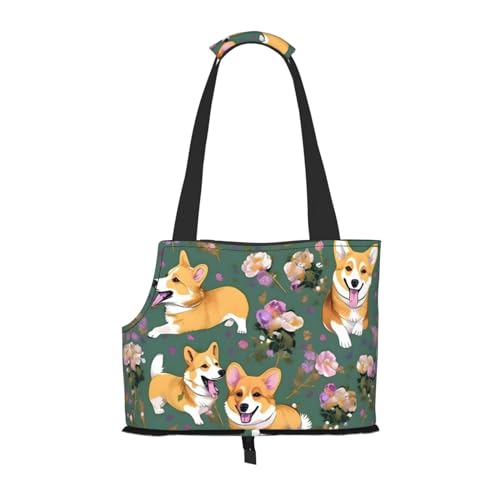 Corgi Floral Flowers Print Pet Portable Foldable Shoulder Bag Small and Medium Size Cat and Dog Portable Backpack von BREAUX