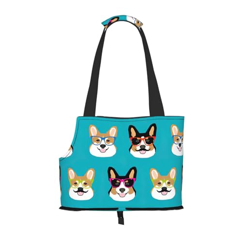 Niedliche Corgi-Brille und Schnurrbärte Druck Haustier tragbare faltbare Umhängetasche kleine und mittelgroße Katze und Hund tragbarer Rucksack von BREAUX