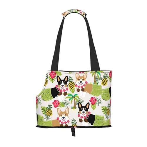 Tragbare faltbare Umhängetasche mit tropischem Blumen- und Corgi-Druck, kleiner und mittelgroßer Katzen- und Hunde-Rucksack. von BREAUX