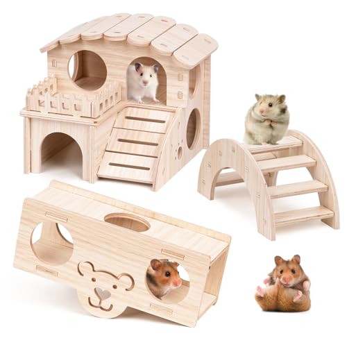 BREUAILY DIY Hamster Spielzeug Set Hamster Haus aus Holz Hamster Versteck Haus Brücke Wippe Trainingspielzeug für Hamster Meerschweinchen Rennmaus Chinchillas Zwerghamster von BREUAILY