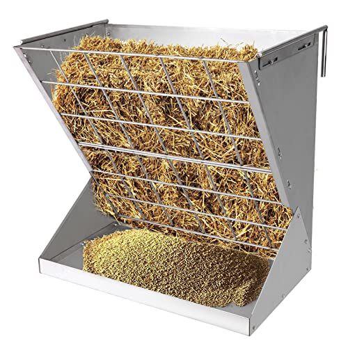 BREUAILY Großes Heuraufe für Schafe und Ziegen 2 In 1 Hay & Grain/Salt Feeder Hängende Futterraufe Schafe mit Futterspargitter und Verstellbaren Haken für Verschiedene Ställe und Korral (Silber) von BREUAILY