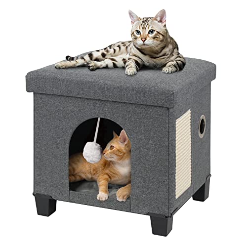 BRIAN & DANY Faltbare Katzenhöhle Große Katzen, Katzenhaus Höhle für Katzen mit Kratzbrett und Spielball, Sitztruhe Sitzhocker Fußhocker mit Holzfüßen 37,5 x 32,5 x 36 cm, Grau von BRIAN & DANY