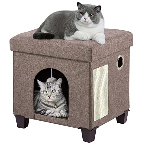 BRIAN & DANY Katzenhaus für Indoor-Katzen, Katzenhöhlenbett für Haustier, Katzenwürfel mit Katzenkratzbrett & Katzenball, 37,3 x 35,8 x 32,3 cm, Braun von BRIAN & DANY