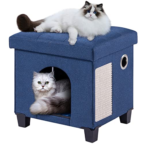 BRIAN & DANY Faltbare Katzenhöhle Große Katzen, Katzenhaus Höhle für Katzen mit Kratzbrett und Spielball, Sitztruhe Sitzhocker Fußhocker mit Holzfüßen 37 x 31.8 x 36 cm, Blau von BRIAN & DANY