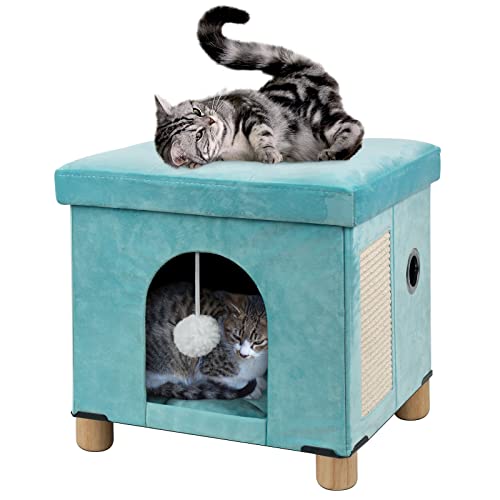 BRIAN & DANY Faltbare Katzenhöhle Große Katzen, Katzenhaus Höhle für Katzen mit Kratzbrett und Spielball, Sitztruhe Sitzhocker Fußhocker mit Holzfüßen 37 x 31.8 x 36 cm, Hellgrün von BRIAN & DANY