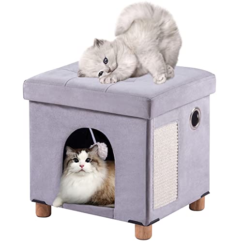 BRIAN & DANY Faltbare Katzenhöhle Große Katzen, Katzenhaus Höhle für Katzen mit Kratzbrett und Spielball, Sitztruhe Sitzhocker Fußhocker mit Holzfüßen 37 x 31.8 x 36 cm, Grau von BRIAN & DANY