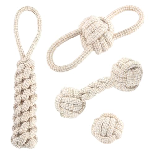 BRISKORE Hundespielzeug Seil mit Knoten Ball,4er Set Hunde Spielzeug aus 100% Naturhanf,Dog Rope Toy,Zerrspielzeug für Hunde,Premium Hundespielzeug für Kleine (2) von BRISKORE