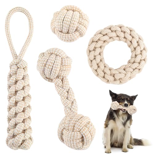 BRISKORE Hundespielzeug Seil mit Knoten Ball,4er Set Hunde Spielzeug aus 100% Naturhanf,Dog Rope Toy,Zerrspielzeug für Hunde,Premium Hundespielzeug für Kleine und Große Hunde für Hunde ​Zahnpflege von BRISKORE