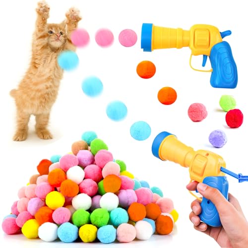 BRISKORE Katzenspielzeug 100 Bälle, Katzen Ball Launcher Plush Ball Interactive Cat Toy Interaktives Katzenspielzeug Ball plüschball Katze Shooting Gun Training Cat Toy Spielzeug Katzen Stretch Ball von BRISKORE