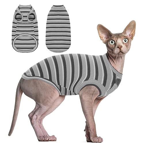 BRKURLEG Hairless Cats T Shirt Grey Stripes Pullover Kitten Shirts Sleeveless Summer Round Collar Cotton Cat Wear Vest for Cornish Rex Devon Rex Peterbald and Small Dogs Sweater von BRKURLEG