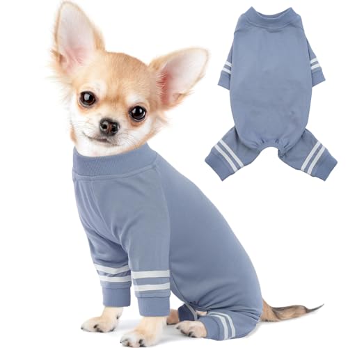 BRKURLEG Hunde-Pyjama, weiches Material, dehnbar, Einteiler, Baumwolle, leicht, Katzen-Outfits, Haustier-Shirt, 4-beinig, Hunde-Pyjama, Einteiler mit Füßen, für Jungen und Mädchen (Dunstblau, Größe S) von BRKURLEG