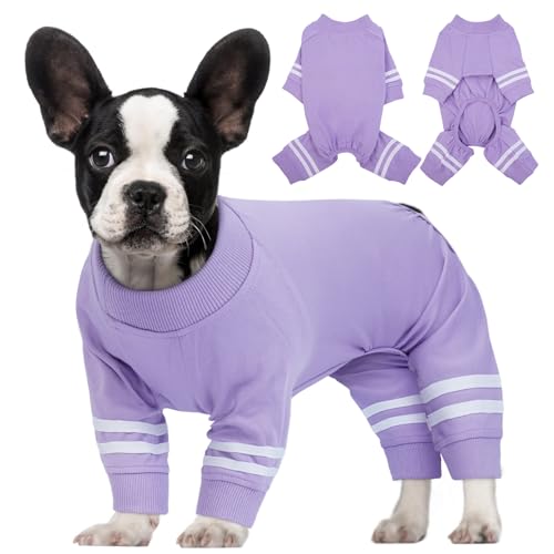 BRKURLEG Hunde-Pyjama, weiches Material, dehnbar, für kleine Hunde, Einteiler, 4 Beine, Einteiler für Welpen und Katzen, Hunde-Genesungsanzug, atmungsaktiv, für Jungen und Mädchen (Lila, L) von BRKURLEG