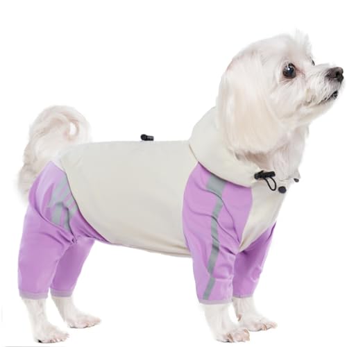 BRKURLEG Hunde-Regenmantel, 4 Beine, wasserdichte Regenjacke mit Loch für die Leine, reflektierend, Haustierponcho für kleine Hunde, Jungen, Mädchen, Hellviolett, Größe L von BRKURLEG