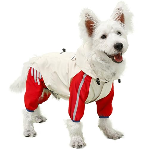 BRKURLEG Hunde-Regenmantel, reflektierend, für kleine Hunde, Jungen, Mädchen, wasserdichte Regenjacke mit Loch für die Leine, 4 Beine, leichte wasserdichte Jacke, Rot, Größe L von BRKURLEG