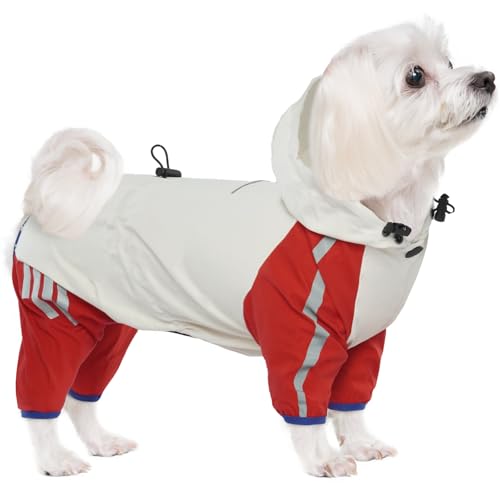 BRKURLEG Hunde-Regenmantel, reflektierend, für kleine Hunde, Jungen, Mädchen, wasserdichte Regenjacke mit Loch für die Leine, 4 Beine, leichte wasserdichte Jacke, Rot, Größe L von BRKURLEG