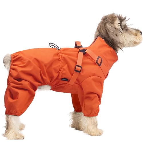 BRKURLEG Hunde-Regenmantel für kleine und mittelgroße Hunde, Regenmantel für kleine Hunde mit integriertem Geschirr, 4 Beine, Orange, Größe L von BRKURLEG