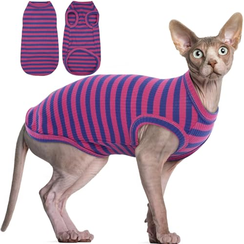 BRKURLEG Sphynx Haarloses Katzen-Shirt, Welpenkleidung, weiche Baumwolle, niedlicher Katzen-Pyjama, Katzenstreifen, Haustierkleidung, Rundkragen, Weste, Kätzchen-Shirts (Rosa-Blau gestreift, M) von BRKURLEG