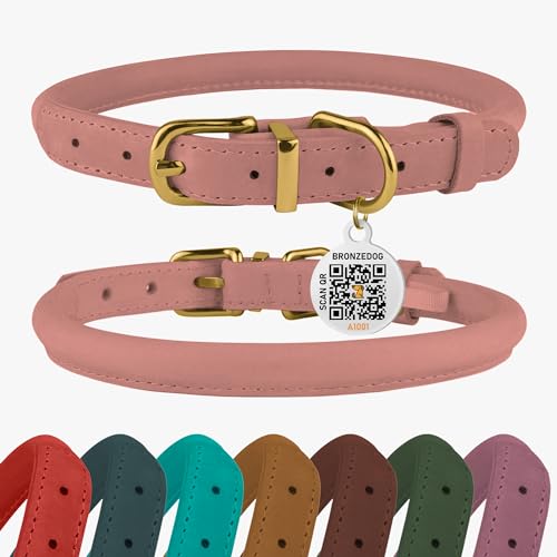 BRONZEDOG Gerolltes Leder-Hundehalsband, langlebig, rund, klein, mittelgroß, für Hunde, Welpen, Katze, Burgunderrot, Senfblau, Braun (für Katzen und kleine Hunde, 17,8 - 20,3 cm, Rouge) von BRONZEDOG