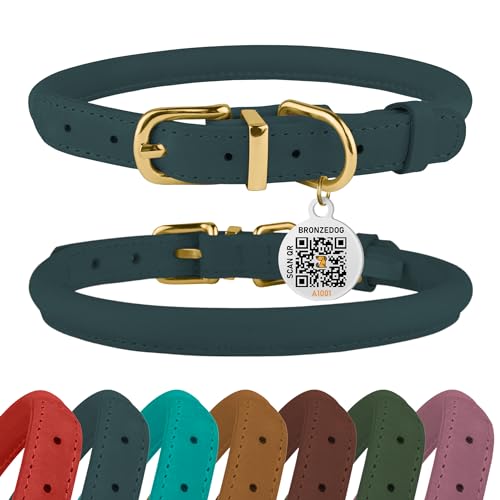 BRONZEDOG Hundehalsband aus gerolltem Leder, mit QR-ID-Etikett, verstellbar, weich, rund, für kleine, mittelgroße und große Hunde, Welpen, Katzen (17,8 cm – 22,9 cm Halsumfang, Denim) von BRONZEDOG