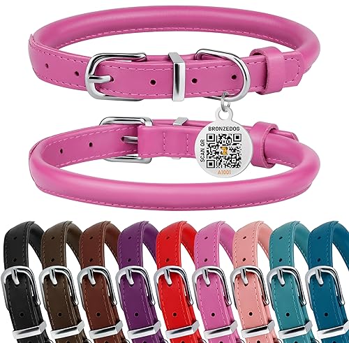 BRONZEDOG Hundehalsband aus gerolltem Leder für kleine, mittelgroße und große Hunde mit QR-ID-Tag (Rosa, M: 35-41 cm) von BRONZEDOG