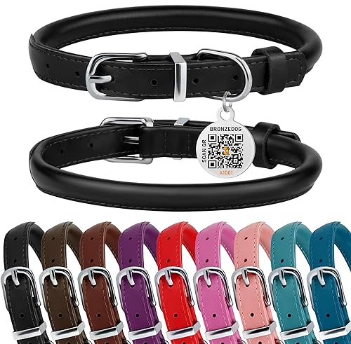 BRONZEDOG Hundehalsband aus gerolltem Leder für kleine, mittelgroße und große Hunde mit QR-ID-Tag (Schwarz glänzend, S: 30-36 cm) von BRONZEDOG