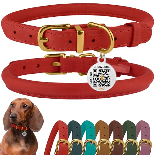 BRONZEDOG Hundehalsband aus gerolltem Leder mit QR-ID-Hundemarke, langlebig, rund, personalisierbar, für kleine, mittelgroße und große Hunde, Welpen, Katzen (für Katzen und kleine Hunde,20.3 cm, Rot) von BRONZEDOG