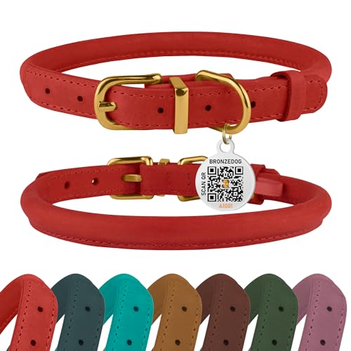 BRONZEDOG Hundehalsband aus gerolltem Leder mit QR-ID-Hundemarke, langlebig, rund, personalisierbar, für kleine, mittelgroße und große Hunde, Welpen, Katzen (für Katzen und kleine Hunde,20.3 cm, Rot) von BRONZEDOG