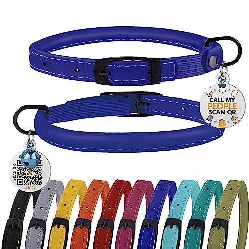 BRONZEDOG Katzenhalsband mit Glöckchen, gerolltes Leder, Sicherheits-QR-ID-Namensschild (20,3 cm – 25,4 cm, blau) von BRONZEDOG