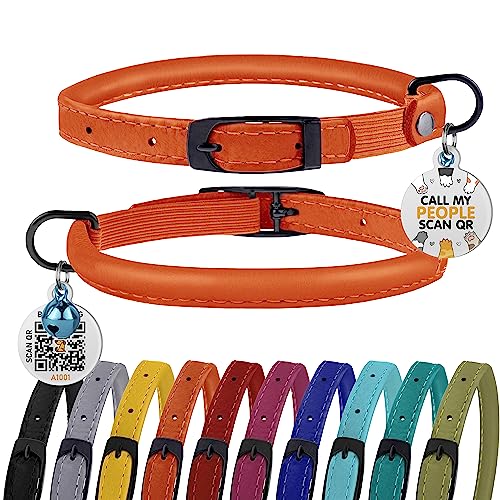 BRONZEDOG Katzenhalsband mit Glöckchen, gerolltes Leder, für Katzen, Kätzchen, Schwarz, Blau, Rosa, Grün, Gelb, Grau (20,3 cm – 25,4 cm, Orange) von BRONZEDOG