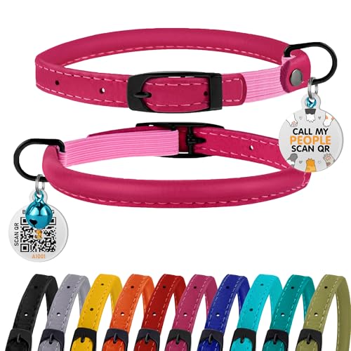 BRONZEDOG Katzenhalsband mit Glöckchen, gerolltes Lederhalsband, Sicherheits-QR-ID-Namensschild (Pink Berry) von BRONZEDOG