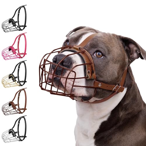 BRONZEDOG Maulkorb für Hunde, Metallmaske, für Amstaff, Pitbull, verstellbare Lederriemen für große Hunde, Braun (Braun, one Size) von BRONZEDOG