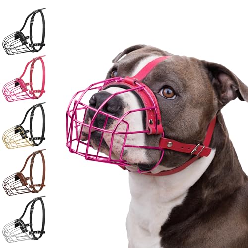 BRONZEDOG Maulkorb für Hunde, Metallmaske, für Amstaff, Pitbull, verstellbare Lederriemen für große Hunde, Braun (Rosa, one Size) von BRONZEDOG