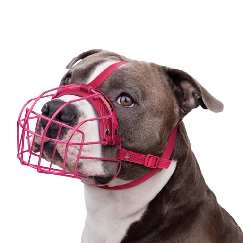 BRONZEDOG Pitbull Maulkorb für Hunde, atmungsaktiv, Metallkorb für große Hunde, Amstaff Staffordshire Terrier, Beißen, Kauen, Bellen (Nylon, Rosa) von BRONZEDOG