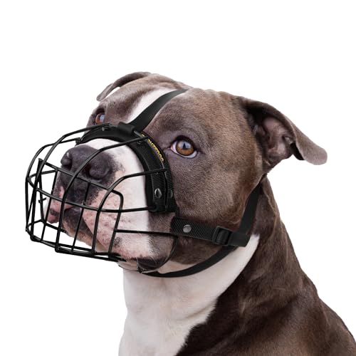 BRONZEDOG Pitbull Maulkorb für Hunde, atmungsaktiv, Metallkorb für große Hunde, Amstaff Staffordshire Terrier, Beißen, Kauen, Bellen Nylon (Schwarz, Einheitsgröße) von BRONZEDOG