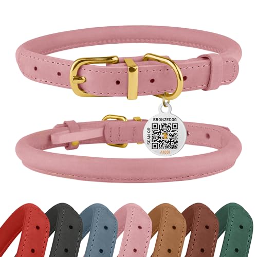 Hundehalsband aus gerolltem Leder, mit QR-ID-Etikett, verstellbar, weich, rund, für kleine, mittelgroße und große Hunde, Welpen, Katze (Rouge, 30,5-35,5 cm) von BRONZEDOG