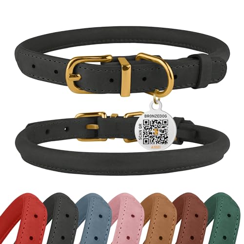 BRONZEDOG Hundehalsband aus gerolltem Leder mit QR-ID-Tag, verstellbar, weiche runde Halsbänder für kleine, mittelgroße und große Hunde, Welpen, Katzen (Schwarze Nacht, 35-41 cm) von BRONZEDOG