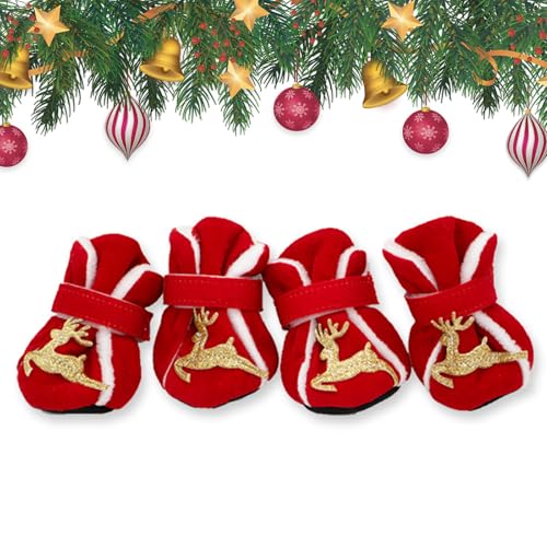 4 Stück Hundestiefel, Weihnachten Hundeschuhe, Weihnachts-Haustier-Baumwollschuhe, Haustier Schuhe Stiefel Für Hunde Hundepfotenschutz für kleine mittlere Hunde und Katzen Indoor Outdoor Walking von BRTNUP